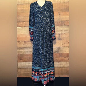 🌻 Bohemian V-Neck Womens size Small Flowy Navy Blue Floral Maxi Dress